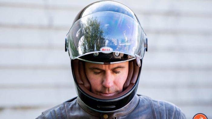 Author wearing Bell Bullitt Helmet with chin lowered and face shield raised