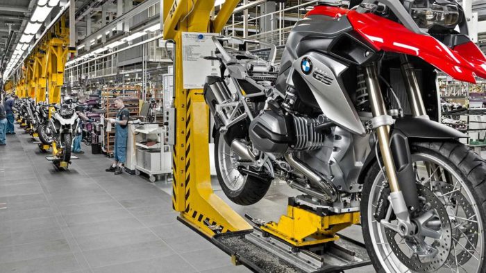A view of a BMW Motorcycle in the factory