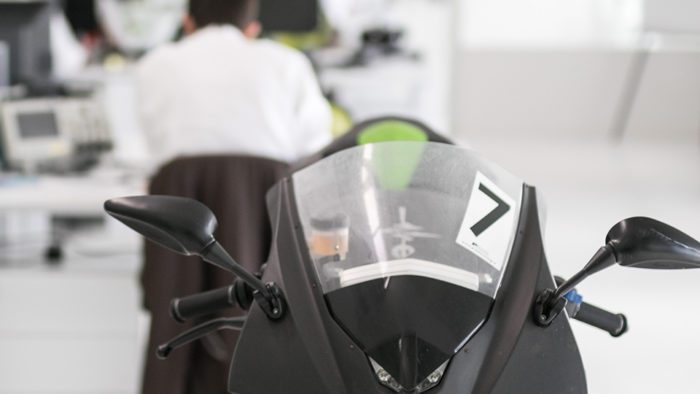A view of an Energica motorcycle from the front