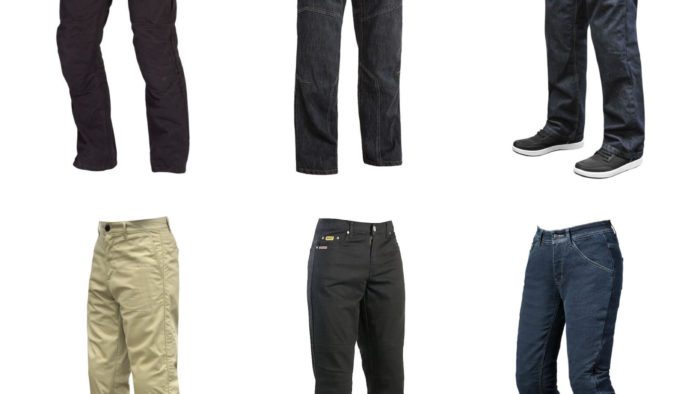 Collage of Iron Workers motorcycle pants on white background