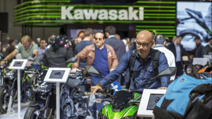 A view of people milling around the Kawasaki setup in EICMA