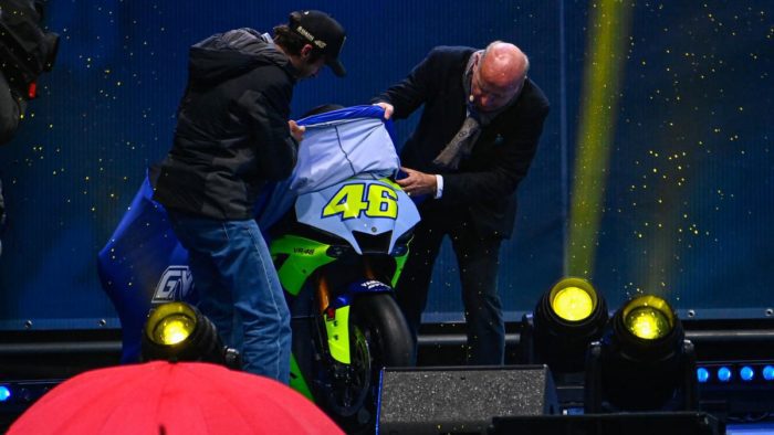 Valentino Rossi checking out the new limited edition tribute bike from Yamaha in commemoration of his 26-year career