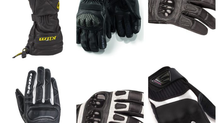 Collage of motorcycle gloves on white background