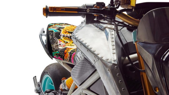 The See See x Tinker Hatfield Custom Zero SR/F Motorcycle with rearo-futuristic and Neo-steampunk elements...and enough rivets to float a boat.