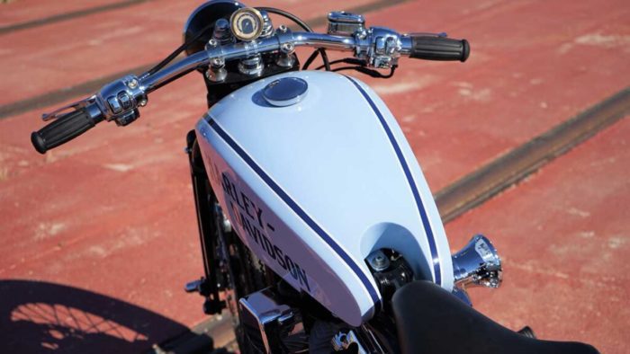 A view of the tank from the custom "Springer Bobber Blue" Harley-Davidson Softail Standard Motorcycle from Lord Drake Kustoms