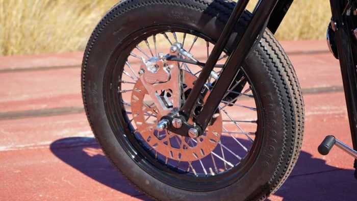 the front wheel view from the custom "Springer Bobber Blue" Harley-Davidson Softail Standard Motorcycle from Lord Drake Kustoms