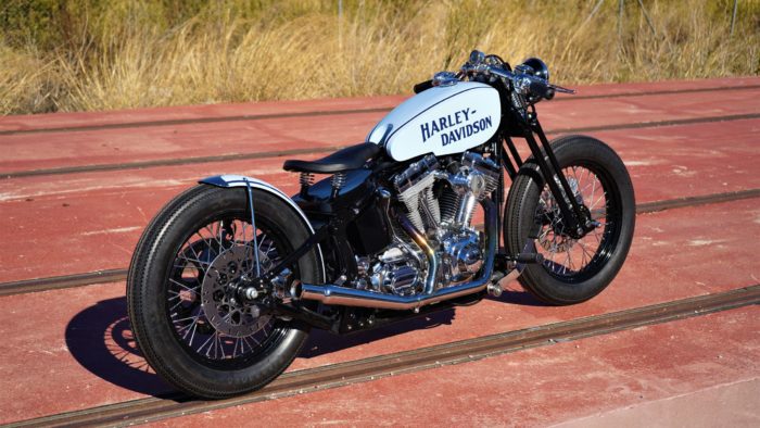 A side view from the custom "Springer Bobber Blue" Harley-Davidson Softail Standard Motorcycle from Lord Drake Kustoms