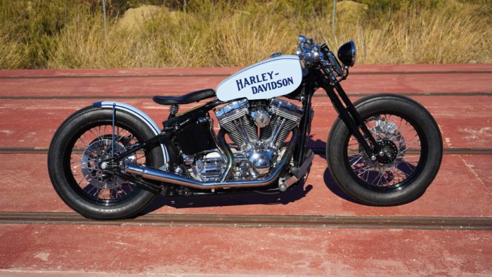 A side view from the custom "Springer Bobber Blue" Harley-Davidson Softail Standard Motorcycle from Lord Drake Kustoms