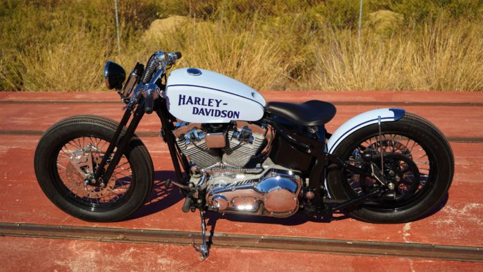 A side view from the custom "Springer Bobber Blue" Harley-Davidson Softail Standard Motorcycle from Lord Drake Kustoms