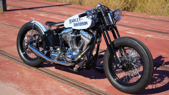 A side view from the custom "Springer Bobber Blue" Harley-Davidson Softail Standard Motorcycle from Lord Drake Kustoms