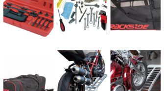 Collage of motorcycle tools and gear bags and ramps