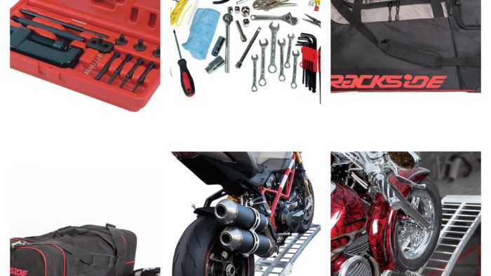 Collage of motorcycle tools and gear bags and ramps