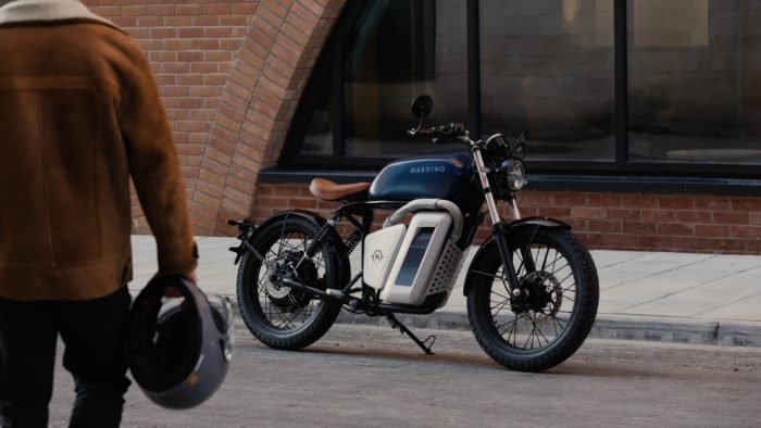 A view of the Maeving RM1 Electric motorcycle featuring swappable batteries