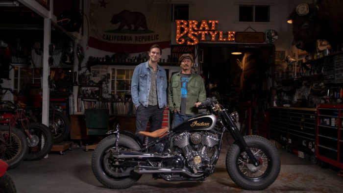 Gō Takamine with Nicolas Hoult next to the new Brat Style bobber from Inaidn Motorcycles that Takamine modded out for the movie star