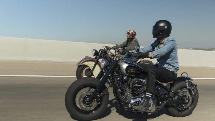 Gō Takamine with Nicolas Hoult next to the new Brat Style bobber from Inaidn Motorcycles that Takamine modded out for the movie star