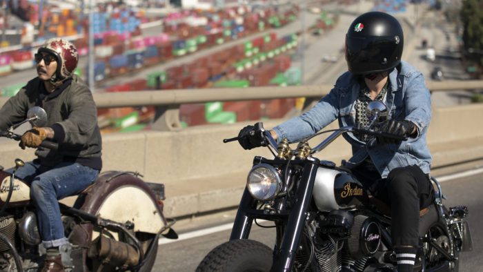 Gō Takamine with Nicolas Hoult next to the new Brat Style bobber from Inaidn Motorcycles that Takamine modded out for the movie star