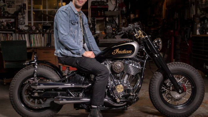 Gō Takamine with Nicolas Hoult next to the new Brat Style bobber from Inaidn Motorcycles that Takamine modded out for the movie star