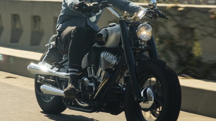 Gō Takamine with Nicolas Hoult next to the new Brat Style bobber from Inaidn Motorcycles that Takamine modded out for the movie star