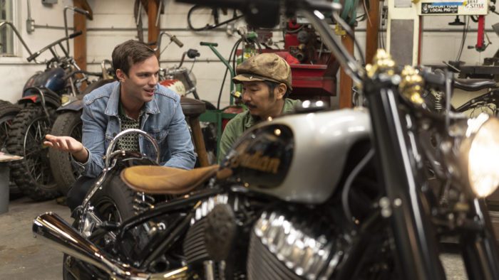 Gō Takamine with Nicolas Hoult next to the new Brat Style bobber from Inaidn Motorcycles that Takamine modded out for the movie star