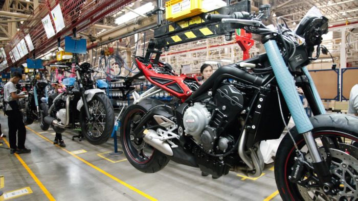 A view of a triumph motorcycle in the manufacturing phase