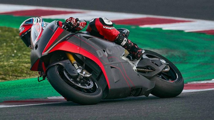A view of the new MotoE electric prototype being tested on the track at Misano by Ducati rider and tester, Michele Pirro