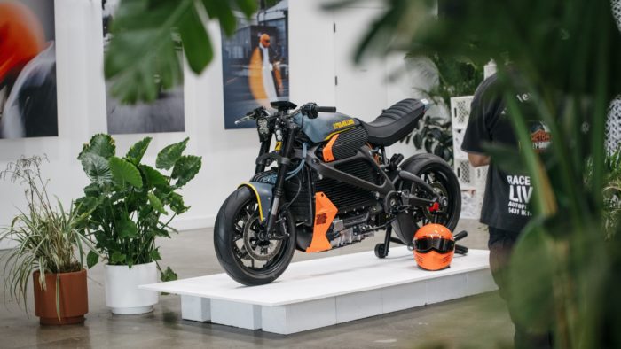 A view of Earle Motors's LiveWire One, debuted at this year's first Autopia 2099 and dubbed E/MULHOLLAND CUSTOM