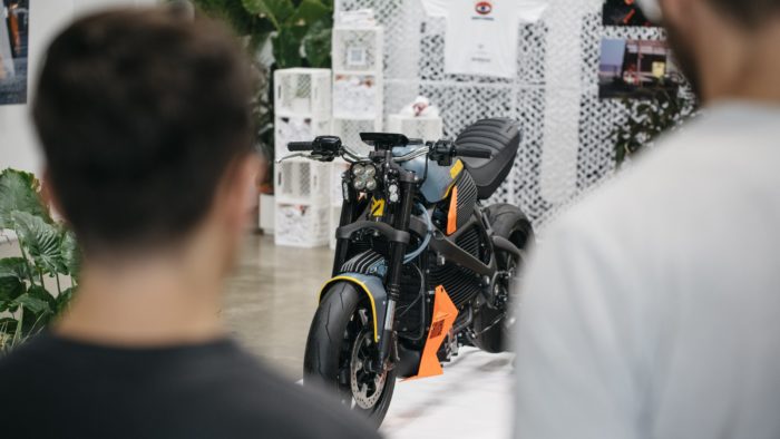 A view of Earle Motors's LiveWire One, debuted at this year's first Autopia 2099 and dubbed E/MULHOLLAND CUSTOM