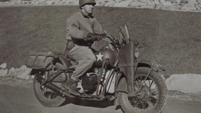 A view of the military troops that used the Harley-Davidson motorcycles - specifically, the WLA 'Liberators'