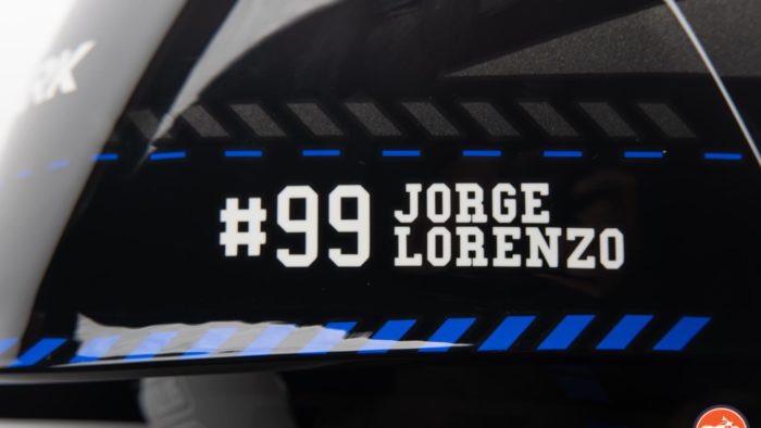 Close up of Jorge Lorenzo's name on Race-R Pro GP Spoiler Lorenzo Winter Test Edition Helmet