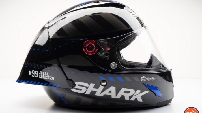 Right side view of Race-R Pro GP Spoiler Lorenzo Winter Test Edition Helmet