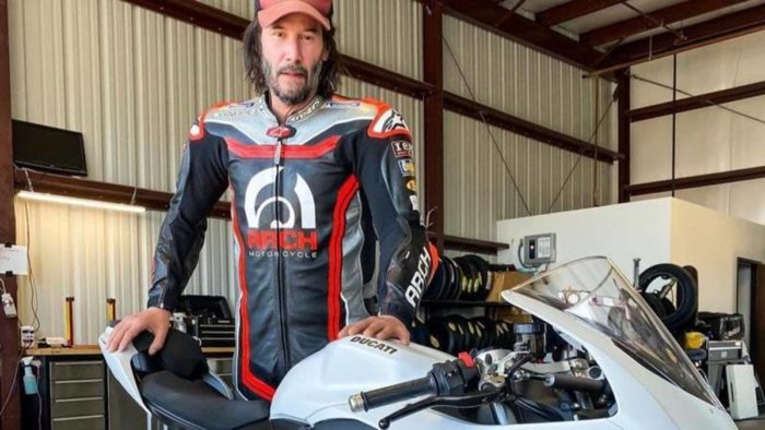 A view of Keanu Reeves testing out the Ducati Panigale V2