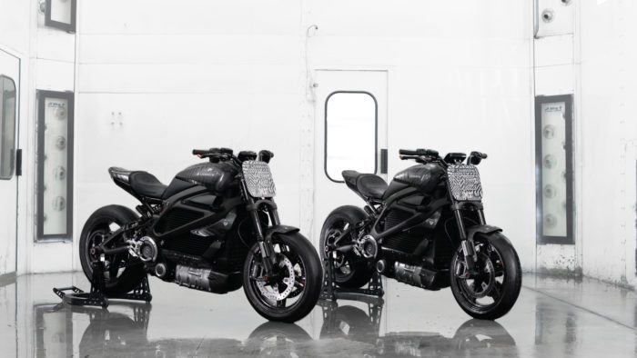 A view of the three electric motorcycles held at Autopia 2099: SMCO's flat-tracker-inspired LiveWire Ones