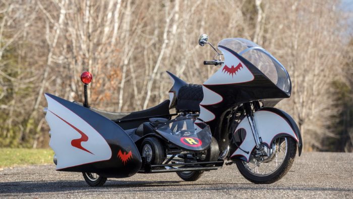 The Replica BatCycle about to go on auction, complete with Robin Go-Cart sidekick unit
