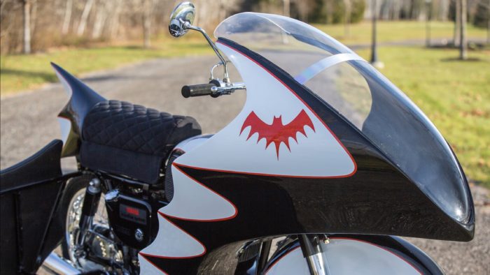The Replica BatCycle about to go on auction, complete with Robin Go-Cart sidekick unit