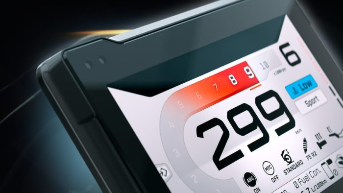 A view of the all-new MultiViu® Sports+ display for motorcycles