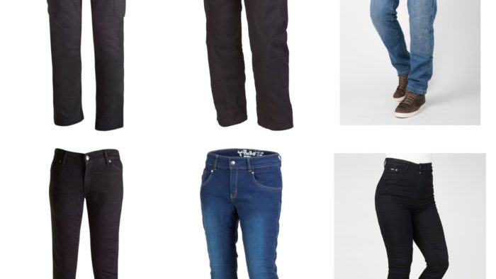 Collage of men's and women's motorcycle pants