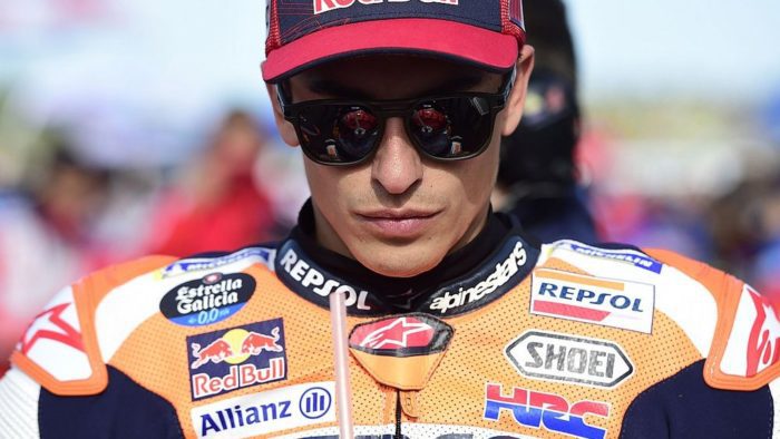 A frontal headshot of team honda Spanish racer Marc Marquez