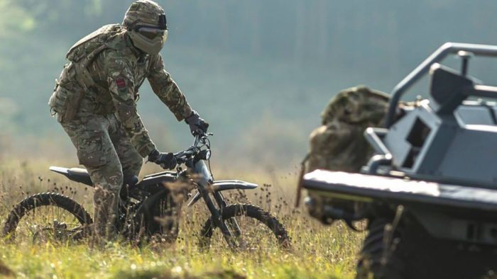 A view of the Sur-Ron Electric motorcycle - currently being tested out for tactical use in military field op missions