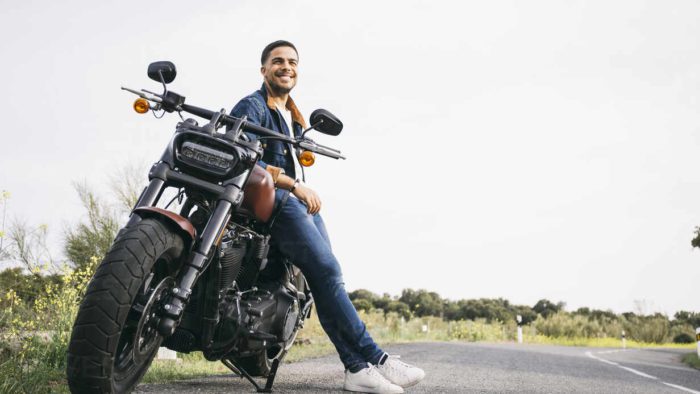 A view of a smiling motorcyclist