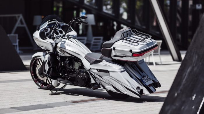 A view of the new Custom Road Glide from bike shop Tommy and Sons
