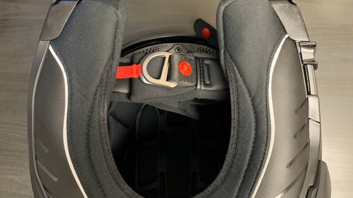 Bottom view of the EXO GT930 helmet showing interior padding