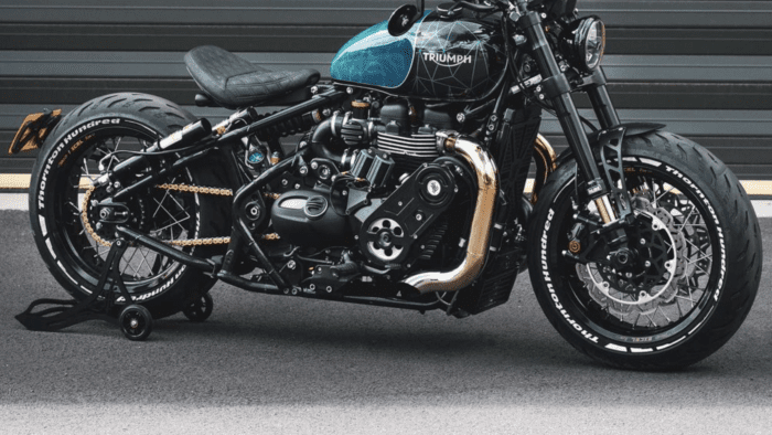 A view of the all-new custom Triumph Bonneville Bobber from the custom shop of Thorton Hundred.