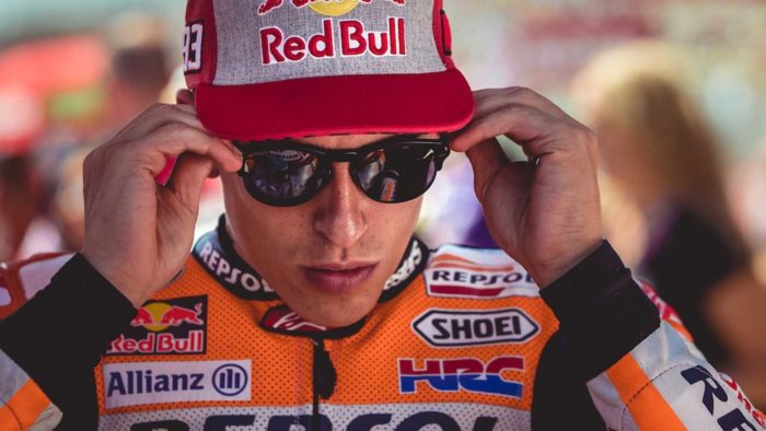 A view of Marc Marquez putting sunglasses on - presumably to aid his diplopia prognosis