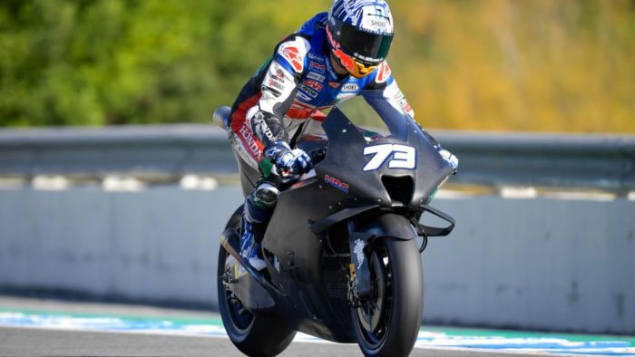 A view of Alex Marquez trying out the new 2022 HRC prototype