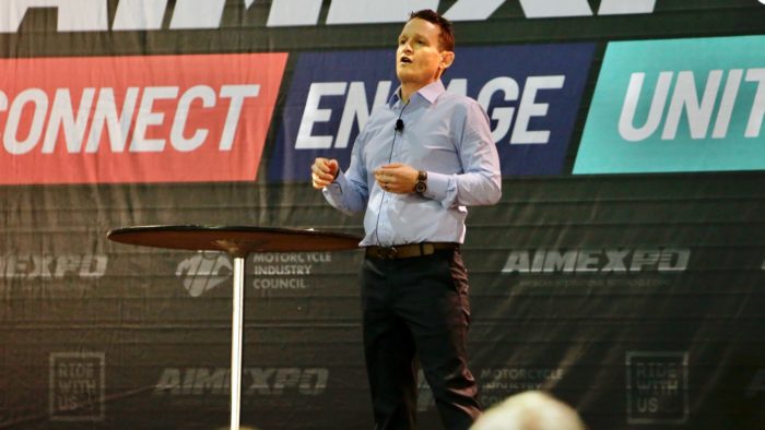 Ricky Carmichael, motocross legend, speaking at the 2022 AIMExpo educational platform, DISRUPTIVE THINKING