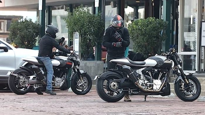A view of Alex Winter and Keanu Reeves meeting for a cup of coffee on two arch motorcycles