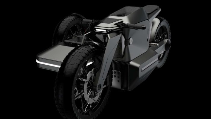 A view of the new AOE Bike from AOEMobility - including a sidecar with optional extended battery range.