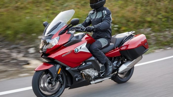 A side view of a 2019 BMW K 1600 GT on the road