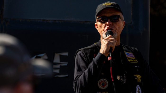 A view of motorcycle riders that attend a complimentary lunch and tour of heritage army vehicles in commemoration of their service to our country