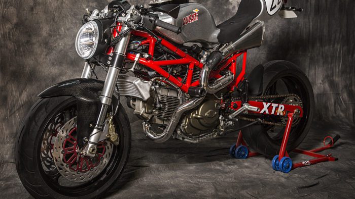 A view of the 2003 Ducati Monster 1000 courtesy of XTR Pepo that was outfitted to the extreme for both the road and the track
